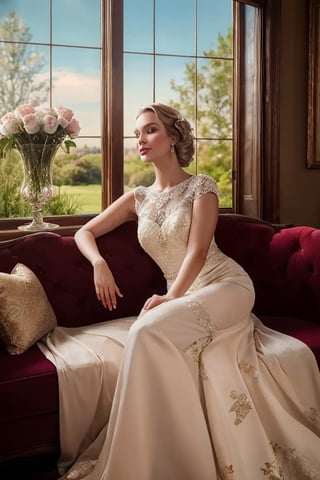 ((portrait shot)), A beautiful blonde woman in an elegant ball gown sits gracefully by the window, surrounded by roses and soft lighting. The room is adorned with vintage furniture, creating a romantic atmosphere reminiscent of old Hollywood glamour. She has her hair styled into classic waves, adding to its timeless elegance. A painting hangs on one wall depicting pink flowers and greenery, enhancing the overall ambiance. This scene captures the essence of romance and luxury in the style of an old Hollywood film. Photorealistic,jazmin