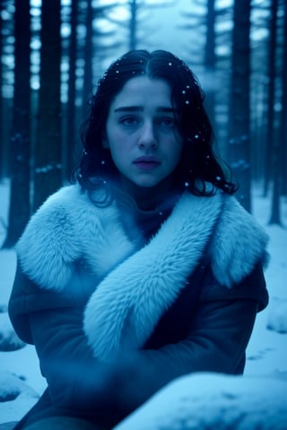 Masterpiece, Best quality, (1girl), (best quality), (masterpiece), (high resolution), (intricate details), (photorealistic), (cinematic light), busty, with a her sword at her hands, sitting on a stone in the middle of a winter forest, look into the distance, snowy wild forest, It's cold, it's snowing, beautiful face and slim body, ((steam from the mouth)), a deep look, thick fog, photorealism, photographic appearance, RAW style.,Snow,Game of Thrones,,<lora:659111690174031528:1.0>