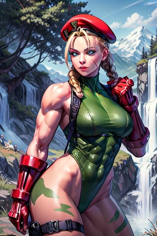 sfr1v, facial portrait, sexy stare, smirked, fighting stance, mountains, birds, trees, waterfall, hodoken,cammy, cammy white,hat,long hair,beret,braid,twin braids,gloves,green leotard,blue eyes,fingerless gloves.scar,highleg leotard,antenna hair,highleg,lips,red gloves,muscular,red headwear,large breasts,camouflage,thick thighs,covered navel,thong leotard,muscular female,abs,scar on face,thigh strap,bare shoulders,bodypaint, sf6,cammy_green_bodysuit_aiwaifu