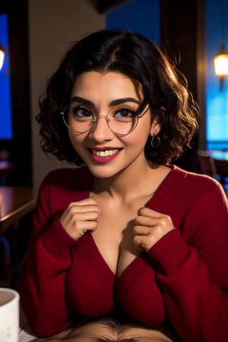 nsfw:1.3, MirabelST, mirabel madrigal, black open-chest sweater, glasses retrato de cuerpo entero, pechos grandes, sagging breasts, bebiendo vino tinto, fondo restaurante tradicional pelicula Encanto, lentes, Maribel Madrigal de Encanto, sonrisa sensual, viendo al espectador, ojos felinos, dinamic_pose:1.3, luz suave,,paizuri