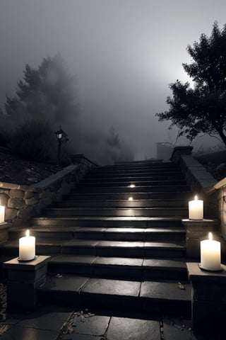 black and white photoreal night shot with lots of fog. Image of a stone staircase with steps slightly lit by candles leading to a gate. Fog, shrubs, leafless branches, gloomy and distressing environment, candlelight
,photorealistic,rfktrfod,zxsmk