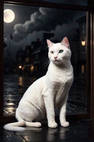 Realistic  close-up shot. a white cat, it is night. Rain-soaked street, dimly lit windows, little light, fog, moon covered by clouds, rain, damp, melancholy, low key black and white photographic
,photorealistic,rfktrfod,zxsmk, Dark_Mediaval
