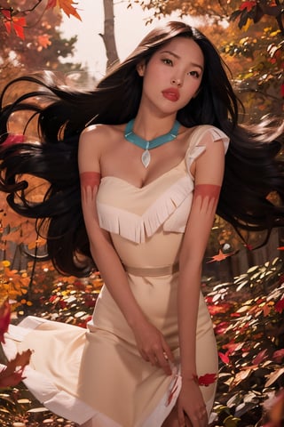 masterpiece, best quality, 1girl, pocahontas, dark skin, black hair, long hair, (floating hair:0.5), black eyes, wind color, leaf, fall, pink and red theme, magical wind, solo, looking at viewer,  