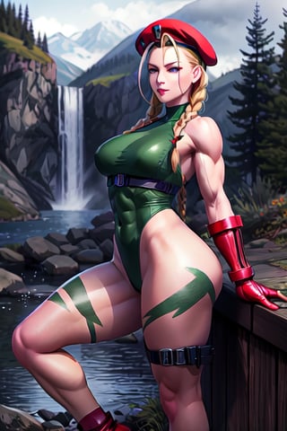 sfr1v, facial portrait, sexy stare, smirked, fighting stance, mountains, birds, trees, waterfall, hodoken,cammy, cammy white,hat,long hair,beret,braid,twin braids,gloves,green leotard,blue eyes,fingerless gloves.scar,highleg leotard,antenna hair,highleg,lips,red gloves,muscular,red headwear,large breasts,camouflage,thick thighs,covered navel,thong leotard,muscular female,abs,scar on face,thigh strap,bare shoulders,bodypaint, sf6,cammy_green_bodysuit_aiwaifu