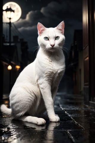 Realistic  close-up shot. a white cat, it is night. Rain-soaked street, dimly lit windows, little light, fog, moon covered by clouds, rain, damp, melancholy, low key black and white photographic
,photorealistic,rfktrfod,zxsmk, Dark_Mediaval