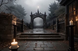 black and white photoreal night shot with lots of fog. Image of a large stone staircase with steps slightly lit by candles leading to a gate. Fog, shrubs, leafless branches, gloomy and distressing environment, candlelight
,photorealistic,rfktrfod,zxsmk, Dark_Mediaval