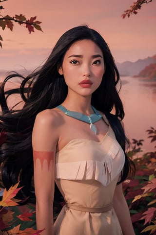 masterpiece, best quality, 1girl, pocahontas, dark skin, black hair, long hair, (floating hair:0.5), black eyes, wind color, leaf, fall, pink and red theme, magical wind, solo, looking at viewer,  