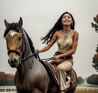 8k, (outdoor forest scene),trees, foggy,
20 yo, 1girl, beautiful girl, (pocahontas,  pocahontas, (((dark skin))), black hair, long hair, (floating hair:0.5), black eyes, wind color, leaf, fall,,(riding a horse:1.4),shining bracelet, smile, solo, {beautiful and detailed eyes}, dark eyes, calm expression, natural and soft light, delicate facial features, ((model pose)), Glamor body type, (dark hair:1.2), simple tiny earrings,very_long_hair,hair past hip, bang,straight hair, flim grain, masterpiece, Best Quality, 16k, photorealistic, ultra-detailed, finely detailed, high resolution, perfect dynamic composition, beautiful detailed eyes, eye smile, sharp-focus, full_body,, cowboy_shot, Bomi,ancient_chinese_indoors,horse,riding,horseback_riding,1girl, (view from front:1.4), 1 girl ,pocahontas
