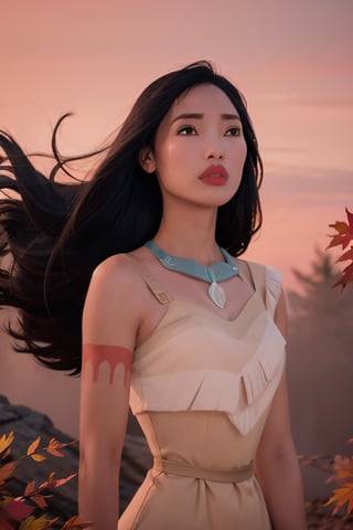 masterpiece, best quality, 1girl, pocahontas, dark skin, black hair, long hair, (floating hair:0.5), black eyes, wind color, leaf, fall, pink and red theme, magical wind, solo, looking at viewer,  