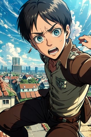 masterpiece, best quality, solo, 1boy, eren_yeager, green eyes, brown hair, paradis military uniform blue eyes, attack on Titan uniform, jumping from the roof, fly equipment,  Attack on titan town background, eren_jaeger,High detailed ,eren_yeager,Color magic