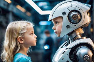 beautiful little girl, blonde, loose hair, 8 years old standing in front of a funny, futuristic looking worn-out robot staring into each other's eyes, profile view, photorealism, photographic look, RAW style, highly detailed, ultra high definition