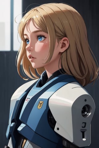 beautiful little girl, blonde, loose hair, 8 years old standing in front of a funny, futuristic looking worn-out robot staring into each other's eyes, profile view, photorealism, photographic look, RAW style, highly detailed, ultra high definition