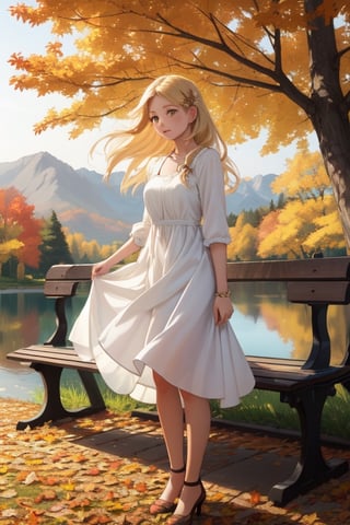 Masterpiece, highest quality, high brightness, 1girl , blonde  hair, long hair, hair ornament, nice dress, cute, masterpiece,, stand next a bench, nice park and lake, autum season, windy, leafs in the ground background,windlift