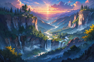 (((masterpiece, best quality, illustration, extremely detailed, 8k, 4k, 2k))), ((extremely detailed eyes)), (high res), (intricate),, a ancient medevial castle in a top of a valey, Natural environment, scenic photo, blue Lake, high cliff face with cascading waterfall, trees and bushes sunset, dramatic light, dark clouds in the sky,rayearth