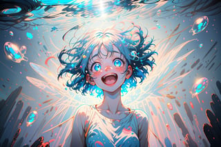1girl,solo,white background,falling down,floating,in air,floating hair,Bubbles, blue eyes, clear sparkling deep eyes, smiling, happy, open mouth,refracted sunlight, light spots, sadness, lowered head,short hair
pastel,perfect light