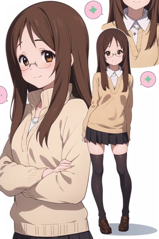 conceptual design, white background, 1girl, brown hair, long hair, small waist, school uniform, brown sweater, brown medium skirt, black leg stockings, smiling, full body, speech bubble, stars, brown eyes.,sawako yamanaka