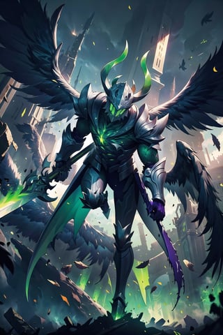 dark knight, armor, iron clothing, green chest, green horned and glowing helmet, iron arm holding a dark war sword, green, black wings, iron legs, flying, atmosphere of destruction, action,Argus_ML,swordup,fantasy00d