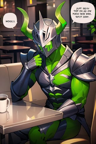 dark knight, armor, armor, green chest, green horned and glowing helmet, iron arm holding a cup of coffee in a cafe, sitting, table, light, knees on table hand on face, complaining, bored speech bubble,