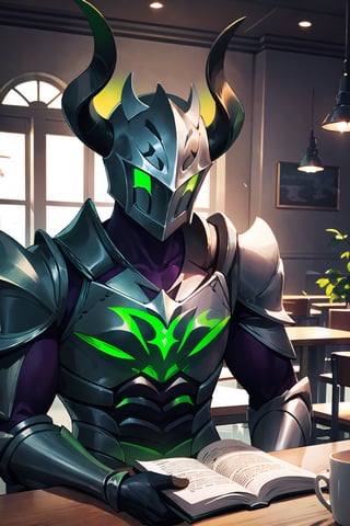 dark knight, armor, iron clothes, iron body, in the middle green chest, helmet with horns and green glow, iron arms holding a cup of coffee in a cafe, sitting, table, light, knees arms on the table hands on face, moaning, from the front, upper body,