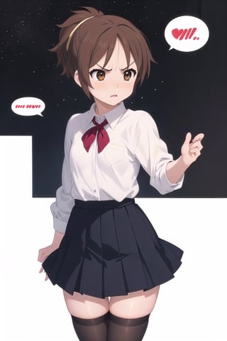 conceptual design, white background, 1girl, brown hair, short ponytail, small waist, school uniform, white shirt, medium skirt, black leg stockings, full body, angry, speech bubble, stars, brown eyes.,