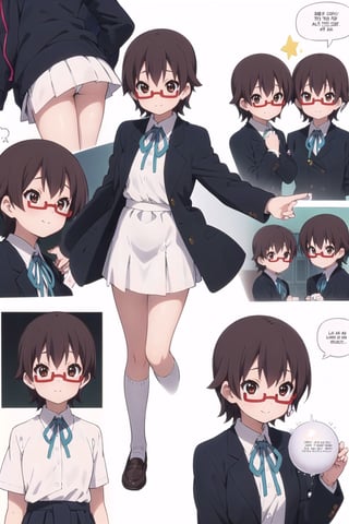 conceptual design, white background, 1girl, brown hair, short hair, small waist, school uniform, black jacket, white shirt, medium skirt, black stockings, smiling, full body, speech bubble, balls, stars, red glasses, brown eyes. ,nodoka manabe