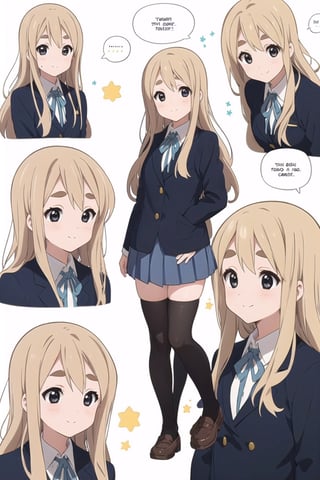 conceptual design, white background, 1girl, blonde hair, long hair, small waist, dark blue jacket, school uniform, white shirt, medium skirt, black leg stockings, full body, smiling, blushing, speech bubble, stars, black eyes. Tsumugi Kotobuki