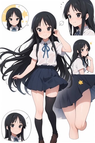 conceptual design, white background, 1girl, black hair, long hair, small waist, school uniform, white shirt, medium skirt, black leg stockings, full body, smiling, blushing, speech bubble, stars, black eyes., Mio Akiyama