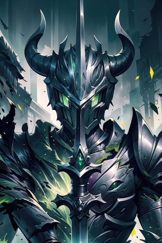 dark knight, armor, armor, green chest, green horned and glowing helmet, iron arm holding dark war sword, green, upper body, from the front, action,Argus_ML,swordup,fantasy00d