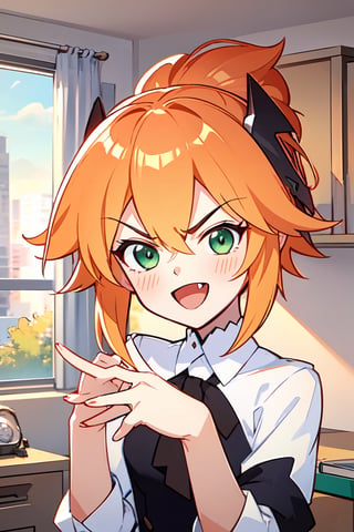 fanny, green eyes, angry eyebrows, short ponytail, orange hair, upper body, happy, enthusiastic, smiling, fang teeth, shy, clawed hand pose, white shirt aspirants, indoors bedroom, masterpiece, color details and black line, facing forward.