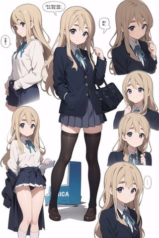 conceptual design, white background, 1girl, blonde hair, long hair, small waist, dark blue jacket, school uniform, white shirt, medium skirt, black leg stockings, full body, smiling, speech bubble, stars, eyes black.,tsumugi kotobuki,midjourney