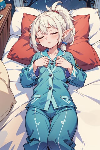 1girl, solo, medium chest, closed eyes, white hair, long ponytail hair, pajamas, lying, from above, pillow, deep sleep, blanket, night, pointed ears,miya_ma