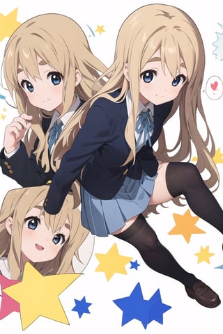 conceptual design, white background, 1girl, blonde hair, long hair, small waist, dark blue jacket, school uniform, white shirt, medium skirt, black leg stockings, full body, smiling, happy, joyful, speech bubble, stars, eyes black.,tsumugi kotobuki