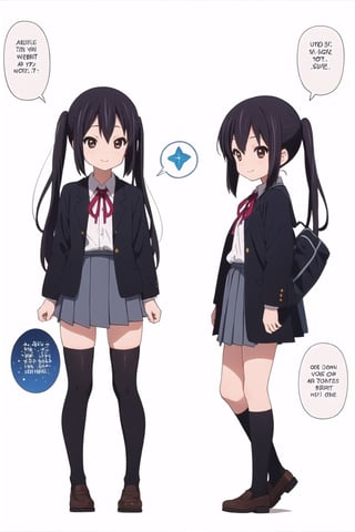 conceptual design, white background, 1girl, black hair, long twin ponytails, small waist, school uniform, black jacket, white shirt, medium skirt, black leg stockings, smiling, full body, speech bubble, stars, brown eyes., Azusa Nakano