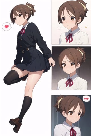 conceptual design, white background, 1girl, brown hair, short ponytail, small waist, school uniform, white shirt, medium skirt, black leg stockings, full body, angry, speech bubble, stars, brown eyes.,