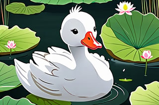 main character goose, white ,cute ,no humans, pond, lotus leaf