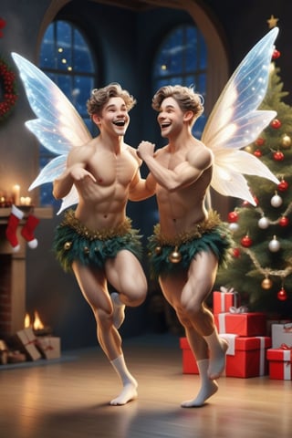 christmas scene with two male fairies dancing, big happy faces, real life, realistic, perfect anatomy
