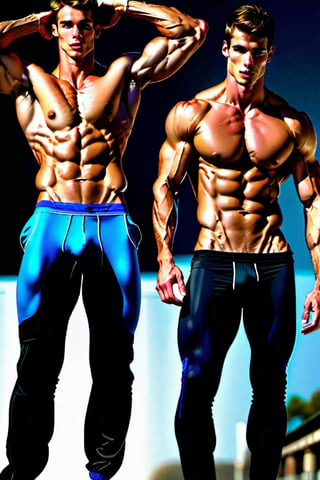 2 athletic lean male models rubbing, big bulges, perfect faces, perfect anatomy