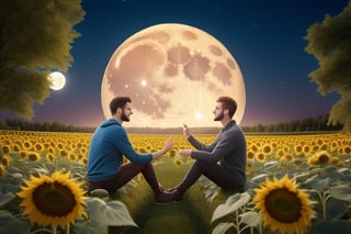 two male pixies sitting on red mushrooms in a field of sunflowers,  nightime ,big bright moon,EpicArt ,christmas