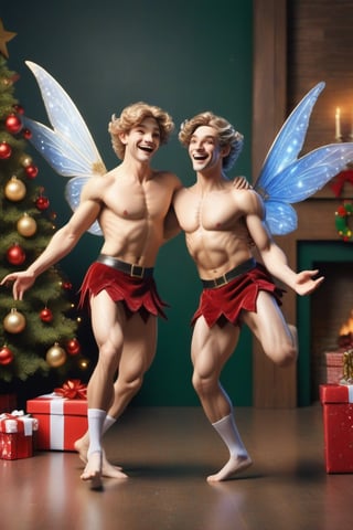 christmas scene with two male fairies dancing, big happy faces, real life, realistic, perfect anatomy
