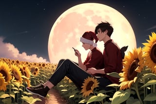 two male pixies sitting on red mushrooms in a field of sunflowers,  nightime ,big bright moon,EpicArt ,christmas