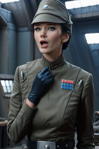 Tall skinny 1girl touching her throat screaming, in olive gray imperialofficer uniform and hat, black hair in tight bun, freckles, black gloves and belt, blue eyes, masterpiece, photorealistic, sci-fi barracks background,photo r3al