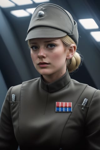 Charlotte Skeoch, sad scared frightened nervous, in dark olive gray imperialofficer uniform and small hat, pale white skin, freckles, blonde hair in tight bun, black gloves, round perky breasts, close up portrait, masterpiece, photorealistic, Star destroyer sci-fi barracks background, photo r3al, bokeh,photo r3al,more saturation 