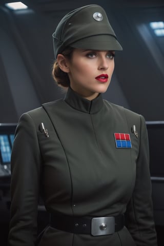 high contrast, (vibrant color:1.4), (muted colors, dim colors, soothing tones:0), cinematic lighting, ambient lighting, sidelighting, Exquisite details and textures, cinematic shot, Warm tone, (Bright and intense:1.2), 

Alice Dellal, in dark olive gray imperialofficer uniform and full hat, brown hair in tight bun, frowning, pouty mouth, big prominent teeth, open mouth O face, slim feminine body, round perky breasts, bright blue eyes, sci-fi Star destroyer control room background