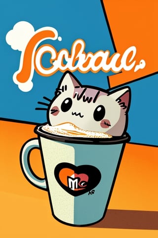 Cubism style, coffee, cartoon role, personify, 90_mtv,Pusheen, with brand“BUENOS”, orange color