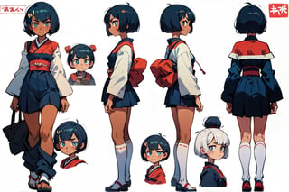 samurai, cute anime girl, short hair, bobcut, dark skin, same character, character design sheet, character design, front view, side view