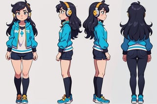 mechanical overwatch 2 character, girl with headphones, cool jacket, cool short shorts, bighair, hairy, long hair, overwatch character design, stylized, cartoon, 


character design sheet, character design, front view, side view, (same character from different angles), ((solid background, simple background color, flat background)),sadie,monochrome,line anime, fullbody, big face, big head, mature