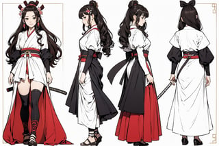 samurai princess, long curly hair, badage dressig, kawaii, character desig