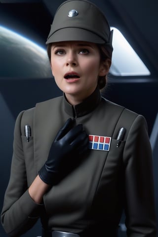 British actress Philippa Gail, touching her throat with one hand, hand on collar, screaming, in dark olive gray imperialofficer uniform and hat with disc, brown hair pulled back in tight bun, black gloves with 5 fingers, small slender feminine hand, round perky breasts, close up portrait, masterpiece, photorealistic, Star destroyer sci-fi barracks background, photo r3al, bokeh, more saturation, Extremely realistic