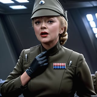 1girl, Glynis Johns, choking gagging gasping, touching her throat with one hand, round chubby face double chin, evil nasty wicked glare frown grimace, in dark olive gray imperialofficer uniform and small hat, pale white skin, blonde hair in tight bun, black gloves, round perky breasts, close up portrait, masterpiece, photorealistic, Star destroyer sci-fi barracks background, photo r3al, bokeh,photo r3al,more saturation 