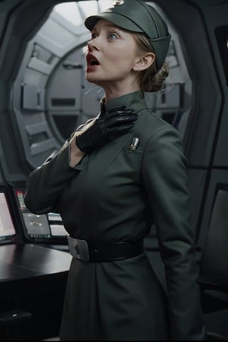 Glynis Johns screaming holding her neck with black glove, in olive green imperialofficer uniform and brimmed hat, black gloves, hair tied fancy elegant bun, pale smooth skin, round breasts, slim feminine body, sci-fi control room

Photorealistic, 4K, filmgrain, more saturation, disney, black gloves 